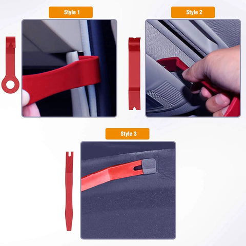 8 Piece Auto Trim Removal Tool Kit For Car Interior Dash Panels Window Molding And Fasteners Nylon Durable Impact Resistant Includes 7 Panel Tools And 1 Fastener Remover Red in use, showing different styles for interior removal.
