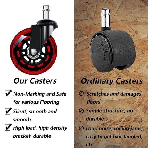 Comparison of Three Inch Red Transparent Office Chair Wheels Set Of Five Swivel Casters for Carpet and Hard Floors with ordinary casters