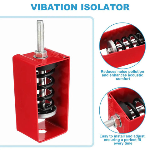 Two Pack Ceiling Spring Vibration Isolators Dampen Shocks From HVAC Equipment, Delivering Quieter Rooms, Steadier Mounts, And Up To 264 Pounds Load Capacity With Steel And Rubber Construction, showing red steel frame with coil spring.