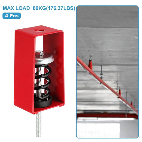 Ceiling Vibration Isolator Hangers 4 Pack With Mechanical Vibration Damping Mounts Red For AC Units Air Processors And Home Theater Studio Soundproofing Anti Vibration Supports Up To 176 Lbs Load Capacity, showing red isolators and ceiling installation.