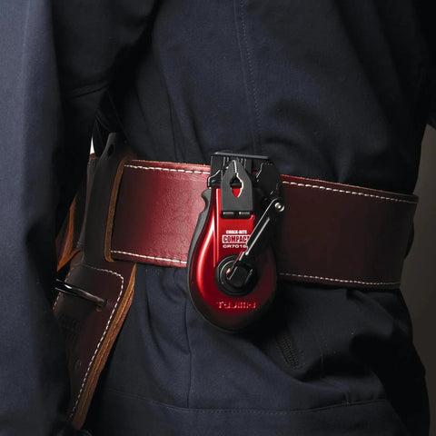 Compact Chalk Line Marker with Extra Bold 1.0mm Line clipped on a tool belt, highlighting its durable aluminum case and collapsible handle.
