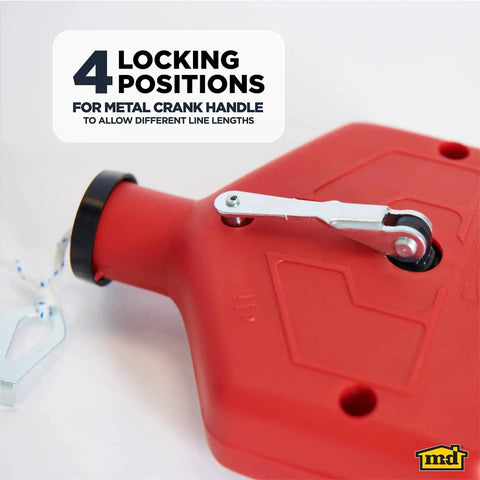 Durable ABS Tuff Line contractor chalk reel with 4 locking positions, red housing and metal crank for precise layout marking.