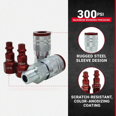 Image showing ColorFit M-Style Coupler And Plug Kit Red 1/4 Inch NPT, 14-Piece Set with steel design and color-coding features.