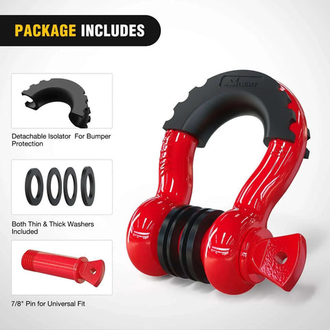 2 Pack D Ring Shackles 9,500 Lb Capacity Off Road Recovery Shackle With Seven Eighth Inch Pin Red, showing shackle components