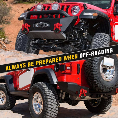 Red Jeep with 2 Pack D Ring Shackles 9,500 Lb Capacity Off Road Recovery Shackle With Seven Eighth Inch Pin Red in action