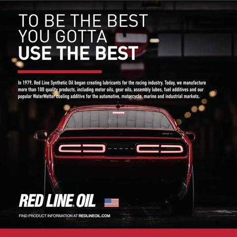Rear view of a red sports car at night with text promoting Red Line Oil products for automotive and industrial markets.