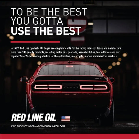 Rear view of a red car showcasing Red Line Oil branding, promoting WaterWetter Super Coolant That Doubles Water Wetting For Your Ride.