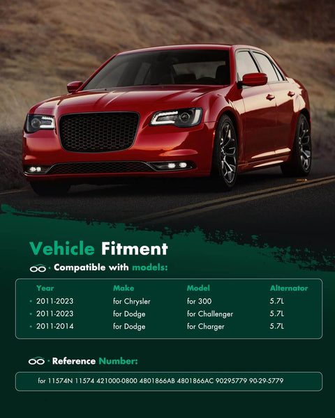 Beefed Up 12V 160Amp Alternator Replacement Fits Chrysler 300 5.7L 2011 to 2023, Dodge Challenger 5.7L 2011 to 2023, and Dodge Charger 5.7L 2011 to 2014 With 6 Groove Pulley CW Rotation External Regulator compatibility chart