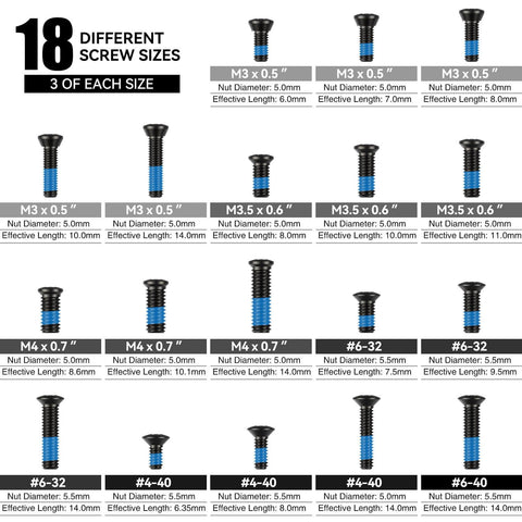 Red Dot Sight Mounting Screws Set – 18 Sets Compatibel with RMR Screws Include 18 different sizes, 3 pieces each for optics mounting