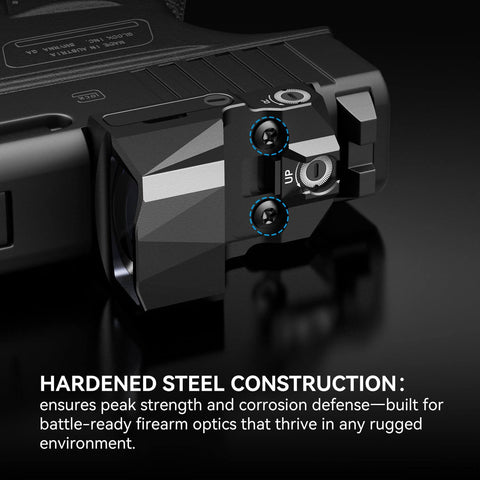 Red Dot Sight Mounting Screws Set attached on pistol for optics mounting with rugged construction label