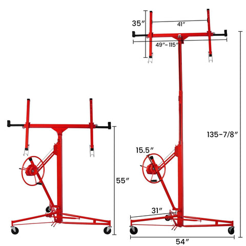 Red Drywall Lift 11 ft Sheetrock Lift Drywall Hoist for Ceiling 360° Adjustable Drywall Lifter dimensions shown