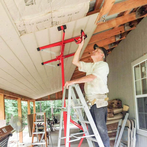 Worker using Drywall Lift 11' Drywall Panel Hoist Construction Rolling Caster Wheel Lockable Tool Jack Lifter Jack Drywall Lift