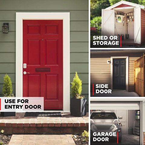 Front view of exterior doors, including entry, shed, side, and garage doors, showcasing usage potential for Powerbolt 250 10 Button Keypad Electronic Deadbolt With Auto Lock And Keyless Entry For Satin Nickel Exterior Doors Ideal For Homes Apartments And Small Offices With Customizable User Codes And Transitional Modern Style.