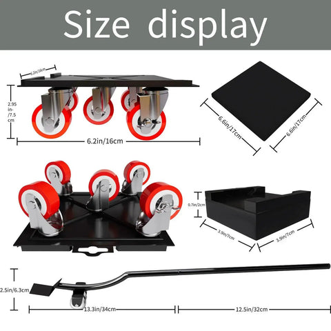 360 Degree Rotatable And Lockable Furniture Dolly With Five Wheels Rubber Silent Sliders, 3300 Lbs Load Capacity, size dimensions shown.
