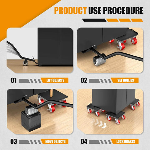 Furniture dolly use procedure showing steps 1-4: Lift objects, set dollies, move objects, lock brakes; 2000LBS Heavy Duty Furniture Dolly & Mover.