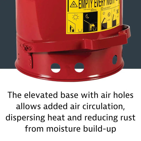 Close-up of elevated base with air holes on 6 Gallon Galvanized Steel Oily Waste Can With Foot Pedal Self Closing Lid For Oil Rag Disposal OSHA Compliant Made In USA Red.