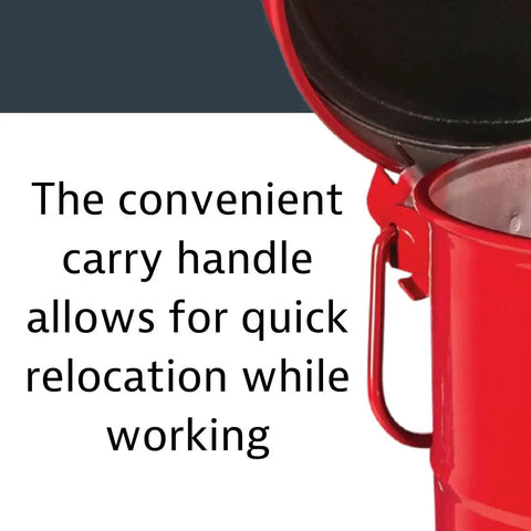 Close-up of 6 Gallon Galvanized Steel Oily Waste Can With Foot Pedal Self Closing Lid For Oil Rag Disposal OSHA Compliant Made In USA Red 16 By 12 Inch Elevated Bottom For Air Circulation To Reduce Heat Moisture And Rust showing carry handle.