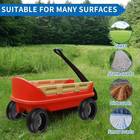 13 Inch Flat Free Solid Wheels Tires 4.00-6 Replacement with Universal 5/8 Inch Axle Bore on a red wagon in a grassy field.