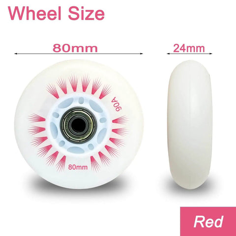 Luminescent Inline Skate Wheels 80mm And 76mm With ABEC 9 Bearings Four Pack Red Glow In The Dark, side and front view