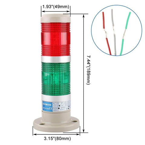 Industrial Signal Light Tower LED 24V DC Red And Green Steady Light LTP502T High Visibility For Industrial Machinery And Alarms 50 X 205 Mm 232 G Mounting Holes 6 X 4.5 Mm Baomain front view with dimensions