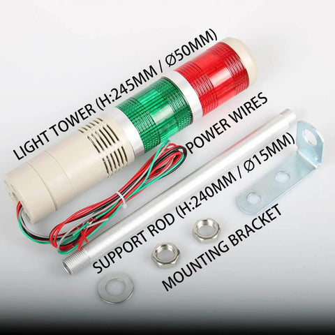 Industrial Signal Tower LED Alarm with Flash Indicator and Built in Buzzer 2 Layer Stack Light, red and green beacons, 245mm height