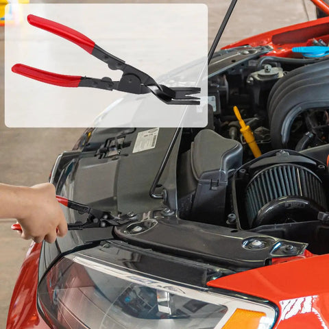 Pro Grade Auto Interior Trim Clip Pliers Remover Tool For Dashboard Door Panels And Push Pins 2 In 1 Panel Clip Removal Pliers With Red Grip Durable Carbon Steel And PPE Construction Built To Last being used on car hood