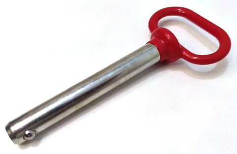 Five Eighth Inch Red Handle Detent Pin Four Inch Long With Stainless Ball Locking Mechanism Towing Hitch Pin resting on white surface