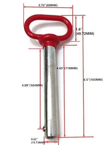 Five Eighth Inch Red Handle Detent Pin Four Inch Long With Stainless Ball Locking Mechanism Towing Hitch Pin side view with measurements