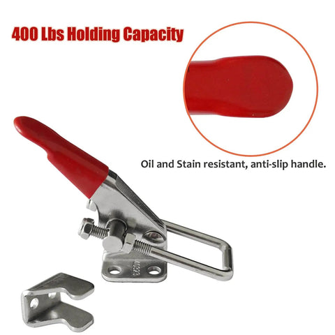 Two Piece Heavy Duty Toggle Clamp With 400 Pound Capacity In 304 Stainless Steel Including Adjustable U Bolt Holder And Quick Release Latch For Reliable Indoor And Outdoor Use
