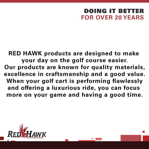 Red Hawk product description and logo with text about quality materials and craftsmanship for golf cart enhancements.