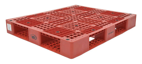 Red High Density Polyethylene Pallet With Four Way Entry 39 1/2 In By 47 3/8 In 6 In Tall 8000 Lb Capacity Serrated Deck For Drainage