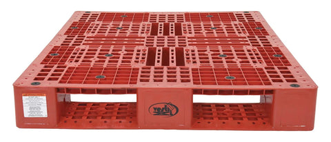 Red High Density Polyethylene Pallet With Four Way Entry 39 1/2 In By 47 3/8 In 6 In Tall 8000 Lb Capacity Serrated Deck For Drainage