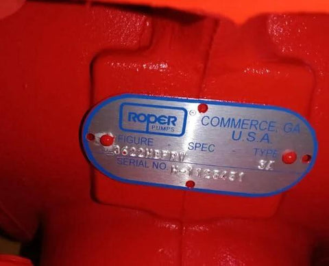 Label on red Generic Roper Pumps 3622HBFRV, 3600 Series - 3" Helical Gear Pump, Flanged NPT Ports, Relief Valve, 165.0 GPM, 125 PSI.