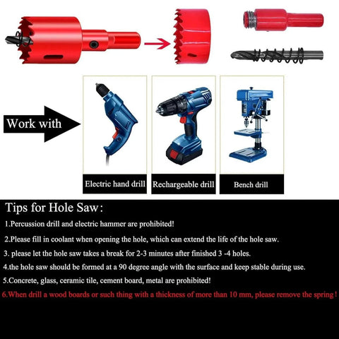 Red hole saw compatible with electric, rechargeable, and bench drills, detailed tips for usage included on image.