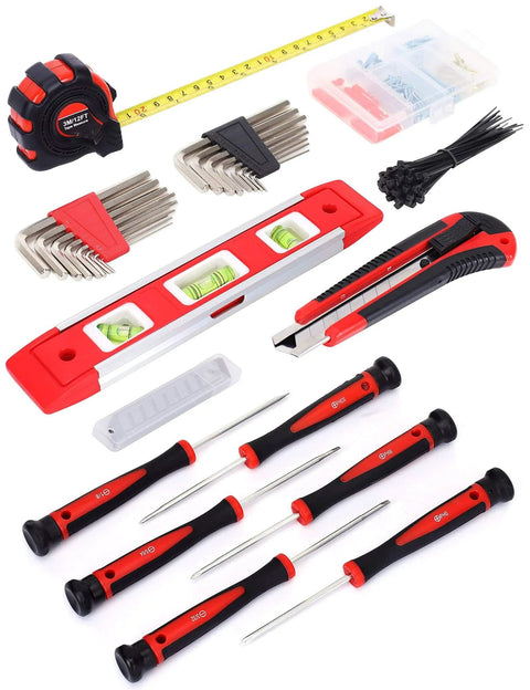 236-Piece Home Repair Tool Set With 12-Inch Wide Mouth Storage Bag, including tape measure, level, and screwdrivers.