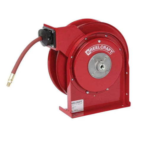 1/4 Inch By 35 Foot Spring Driven Hose Reel For Air And Water with Reinforced Steel Base, smooth red finish, front view