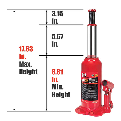 Beefy 10 Ton Hydraulic Bottle Jack By Torin With Welded Construction And Serrated Heat Treated Saddle For A Grippy Secure Lift Range From Eight And Thirteen Sixteenths Inches To Seventeen And Five Eighths Inches 20,000 Lb Capacity Red