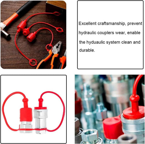 Half Inch ISO A And ISO 5675 Hydraulic Quick Coupler Dust Caps Set With Retention Ring, red rubber male caps on wooden table