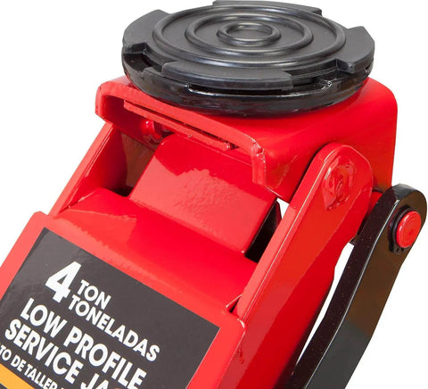 Close-up of Low Profile 4 Ton Hydraulic Floor Jack With Dual Piston Quick Lift Pump, focusing on lifting mechanism, red color.