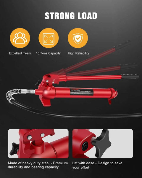 10 Ton Hydraulic Floor Jack Pump Ram Replacement With Long Handle For Auto Body Frame Repair And Heavy Duty Equipment Maintenance OCPTY Includes 1.4m Oil Hose And 62 MPa Working Pressure Portable 14.13 Lb Weight Red Finish For Cars Trucks Farms And