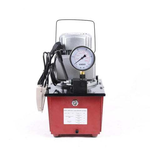 Front view of HinLIaDa 10000PSI Electric Hydraulic Pump, 750W 110V Single Acting Hydraulic Driven Pump, red color with gauge