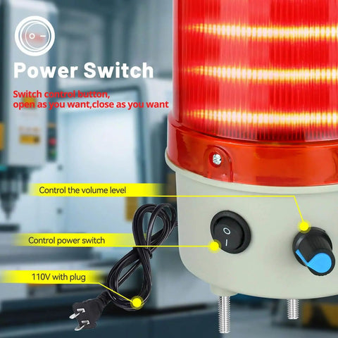 Close-up view of Rotating Red Industrial Warning Light With Adjustable Volume Siren And Buzzer 110V To 120V AC Public Emergency Alarm For Indoor Outdoor Use High Brightness LED Power Switch 24V Cord Included, showing power switch and volume control knobs.