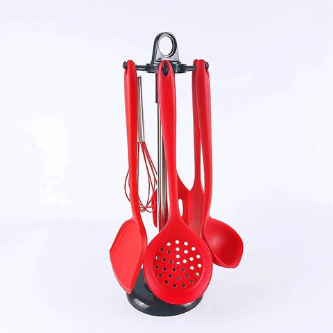 Kitchen ware Storage Rack, Stainless Steel Kitchen Utensil Holder Organizer with red utensils and hooks on countertop