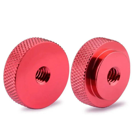 Two 1/4-20 Female Thumb Wheel Lock Nut Adapters in aluminum alloy with red knurled edge locknuts, 25mm diameter, suitable for camera rigs and tripods.