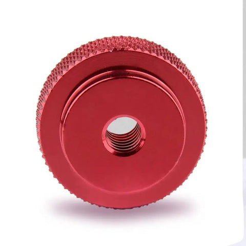 1/4-20 Female Thumb Wheel Lock Nut Adapter in red aluminum alloy with knurled edge, 25mm diameter for camera rigs and tripods