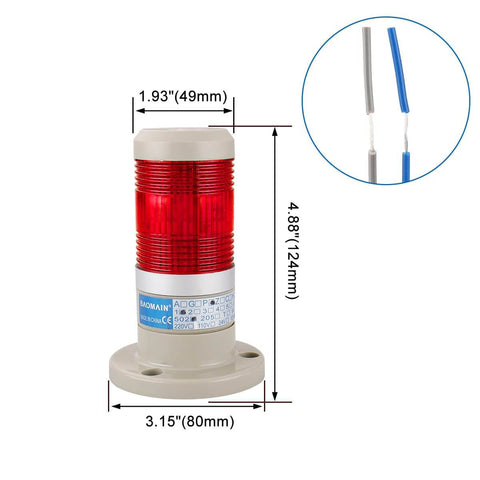 Red LED Industrial Signal Light Tower Lamp for 110V AC Systems, Continuous Warning Light with All Round LED, 80mm by 124mm