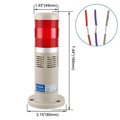 Front view of 110V AC Alarm Warning Light With Built In Buzzer And Red LED Signal Tower Lamp For Industrial Use, Model LTP-502WJ Baomain
