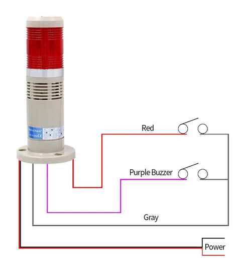 Tower Stack Light For Industrial Use 24V DC Red LED Alarm Flash Light With Built In Buzzer And Bright Signal Light Perfect As A Red Warning Beacon For Machinery And Production Lines Heschen with wiring diagram shown.