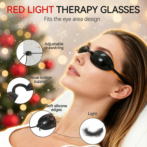 Woman wearing Red Light Therapy Glasses with Adjustable Fit for Eye Protection During Tanning, showing features like adjustable drawstring and nose bridge support.