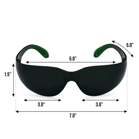 Front view of Red Light Therapy Glasses With Eye Protection 600-900nm For Safe Use, showing measurements and dark lenses.
